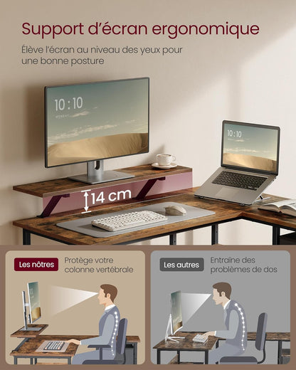 Bureau en Forme de L avec 2 Tiroirs Spacieux, Bureau Gaming avec Support pour Écran