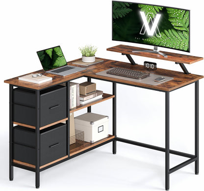 Bureau en Forme de L avec 2 Tiroirs Spacieux, Bureau Gaming avec Support pour Écran
